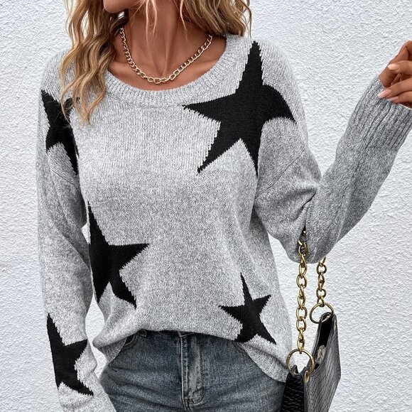 Grey Casual Womens Star Pattern Drop Shoulder Sweater - Picture 2 of 5